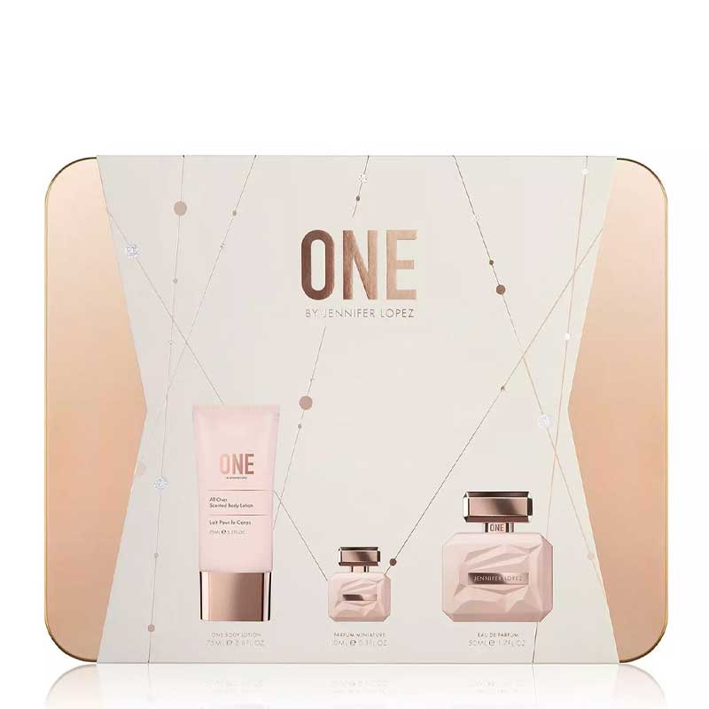 Jennifer Lopez | One | Gift Set | fragrance | full size | travel size | body lotion | beautiful | keep safe | gold tin | burst of pink pepper | florals | harmony | peace | Vegan | powerful | ONE | reflection | perfect gift 