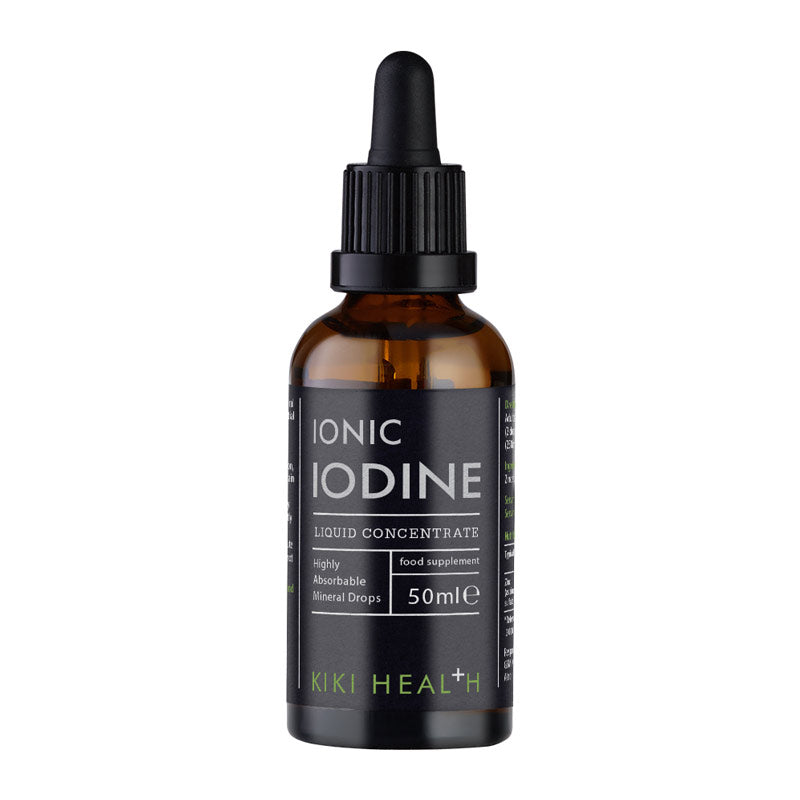 KIKI Health Ionic Iodine | liquid concentrate | helps maintain optimal mineral balance | promotes | normal | energy-yielding metabolism | nervous system function | skin | thyroid hormone synthesis function |cognitive function | simple | drops | glass of water