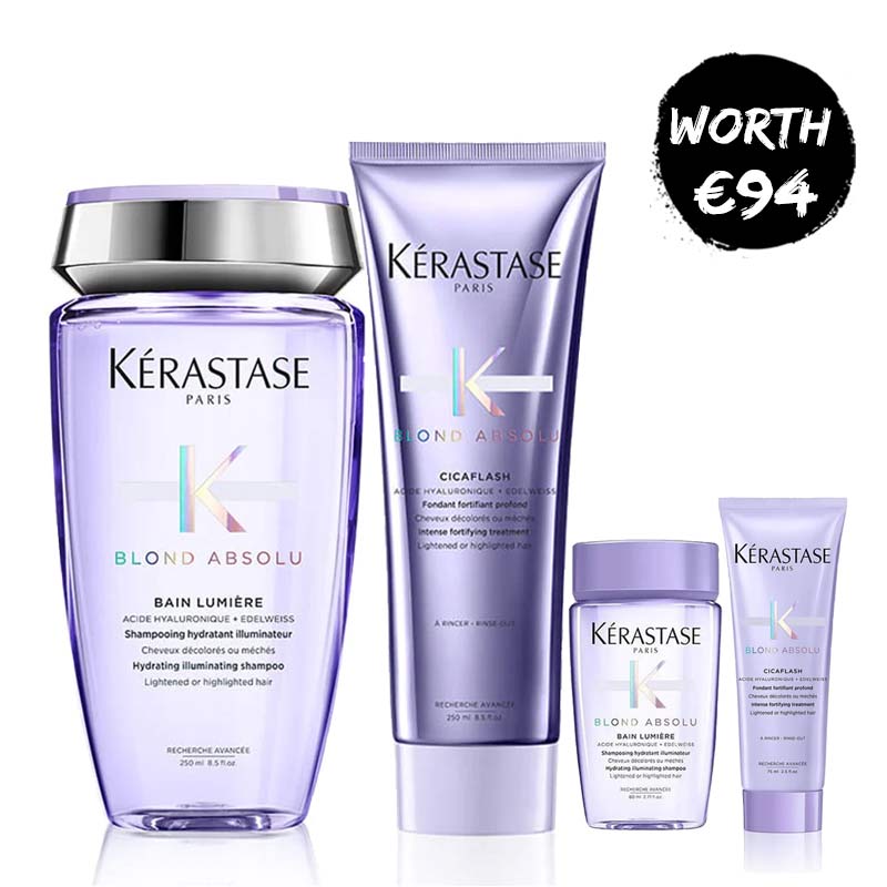 Kérastase Blond Absolu Home & Away Bundle | Includes Bain Lumiere Hydrating Illuminating Shampoo and Cicaflash Intense Fortifying Treatment | Gently cleanses and hydrates | Strengthens, softens, and restores lightened hair | Travel-sized versions included