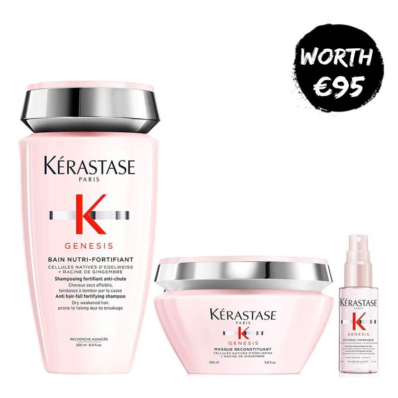 Kérastase Genesis Nutri-Fortifiant Bundle | Includes Bain Nutri-Fortifiant Anti Hair-Fall Fortifying Shampoo, Anti Hair-Fall Intense Fortifying Masque, and Défence Thermique Anti Hair-Fall Fortifying Blow-Dry Fluid | Strengthens weakened hair prone to falling | Enhances hair strength and scalp health | Protects hair from breakage and heat up to 220°C