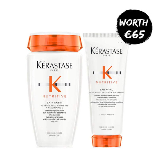 Kérastase Nutritive Hydrating Shampoo & Conditioner Duo | Includes Bain Satin Hydrating Shampoo & Lait Vital Detangling Conditioner | Nourishes and hydrates dry, sensitized hair | Shampoo provides essential moisture, leaving hair soft and silky | Conditioner detangles and nourishes without weighing hair down | Leaves hair lightweight and revitalized!