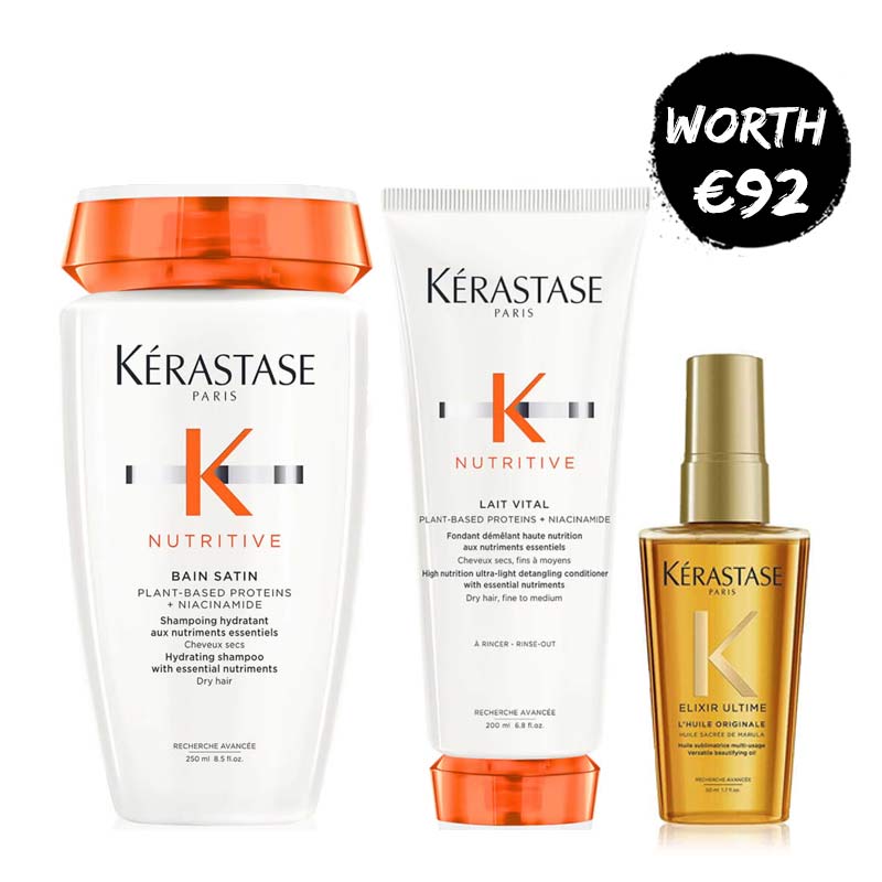 Kérastase Nutritive Hydrating Bundle | Includes Bain Satin Hydrating Shampoo, Lait Vital Conditioner, and Elixir Ultime L'Huile Originale Versatile Beautifying Oil | Revitalizes dry locks, leaves them soft and strong | Nourishes, smoothens, and detangles | Seals split ends, smoothens hair fiber, offers frizz control for radiant shine