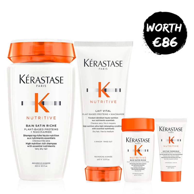 Kérastase Nutritive Riche Home & Away Bundle | Includes Bain Satin Riche Shampoo in two sizes, Lait Vital Conditioner, and Nutritive Nectar Thermique | Provides deep nourishment and protection | Enriched with Niacinamide for replenishment | Lightweight conditioner smooths dry hair | Blow dry milk protects hair from heat styling up to 230°C