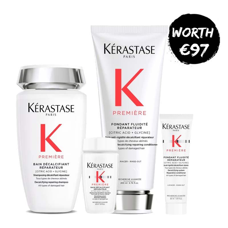 Kérastase Première Decalcifying Home & Away Bundle | Includes Repairing Shampoo & Anti-Rigidity Repairing Conditioner | Full and mini sizes for home and travel | Fights effects of hard water, restores keratin links | Neutralizes rigid feel, protects against breakage | Leaves hair soft, smooth, and manageable with enviable shine!