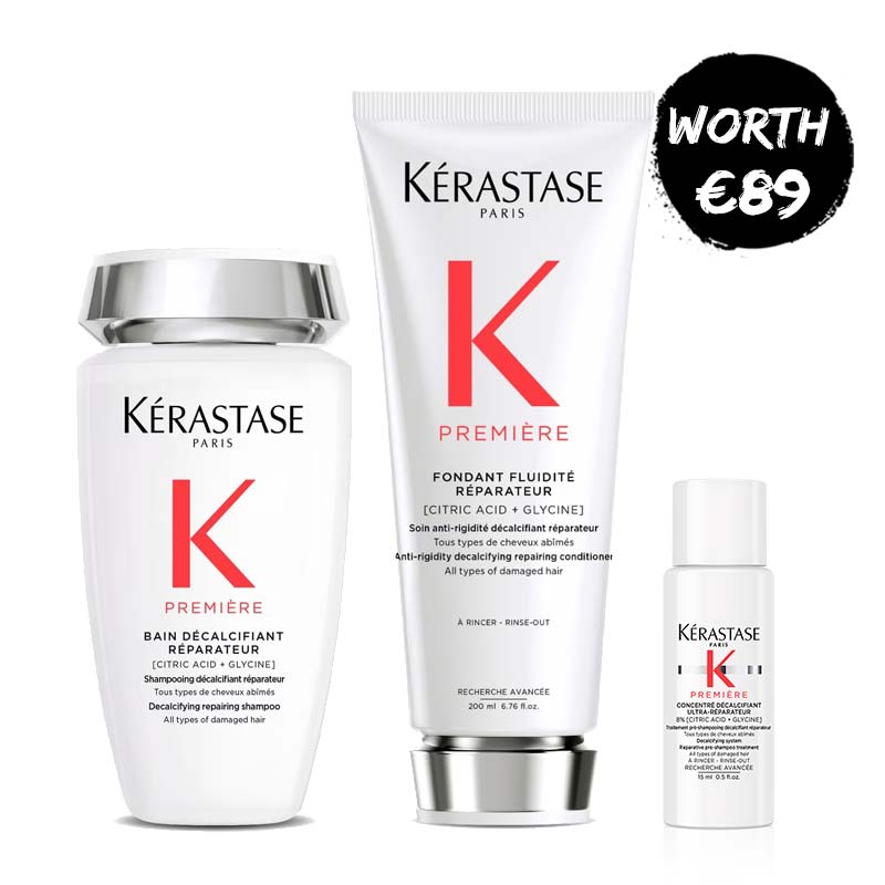 Kérastase Première Decalcifying Repairing Trio | Includes Pre-Shampoo Treatment, Repairing Shampoo, and Conditioner | Removes excess calcium and repairs damage | Gently cleanses and restores keratin links | Neutralizes rigid feel and protects against breakage | Leaves hair soft, smooth, and manageable
