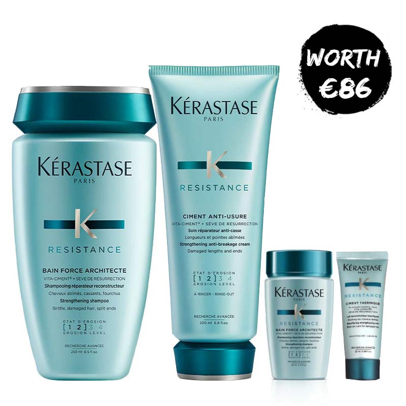 Kérastase Resistance Home & Away Bundle | Includes Bain Force Architecte Strengthening Shampoo and Ciment Anti-Usure Strengthening Anti-Breakage Cream | Strengthens brittle strands | Repairs damaged hair | Leaves hair revitalized, soft, and shiny | Travel-sized versions included