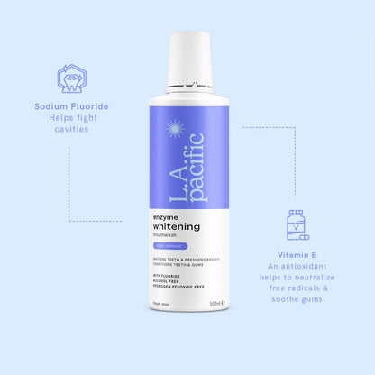 LA Pacific Enzyme Whitening Stain Removal Mouthwash | sodium fluoride | helps | fight cavities | Vitamin E | antioxidant | helps neutralize free radicals | soothe gums | enzyme technology 