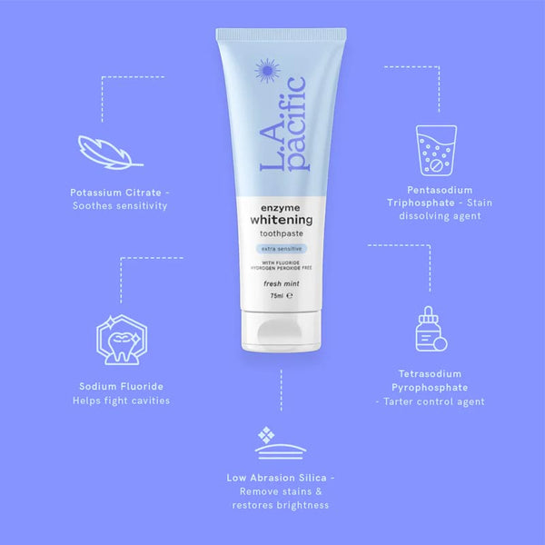 LA Pacific Enzyme Whitening Extra Sensitive Toothpaste | Potassium Citrate | soothes sensitivity | Sodium Fluoride | fight cavities | remove stains | brighten | tarter control | stain dissolving   