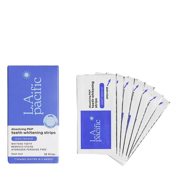 L.A. Pacific Dissolving PAP Teeth Whitening Strips | effective | safe teeth whitening | minimal sensitivity | Safely | brighten | smile | 7 shades | cruelty-free | vegan-friendly | eco-conscious.