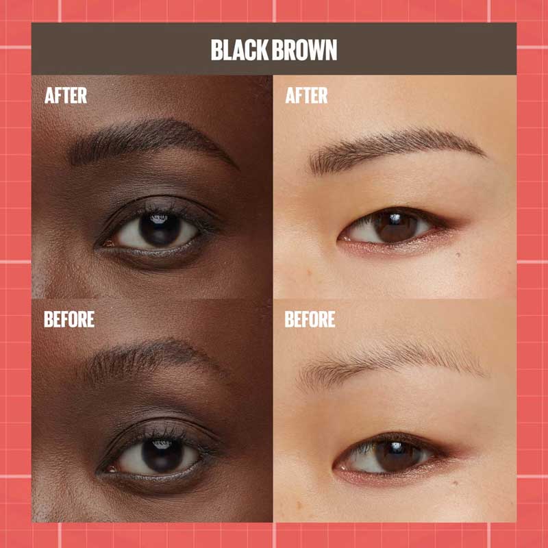 Maybelline Build-A-Brow 2-in-1 Brow Pen & Gel | Fuller brows in 2 easy steps | Ultra-precise pen for realistic hair-like strokes | Clear sealing gel for long-lasting hold | Waterproof and sweat-resistant | Up to 24-hour wear | Black Brown Before & After