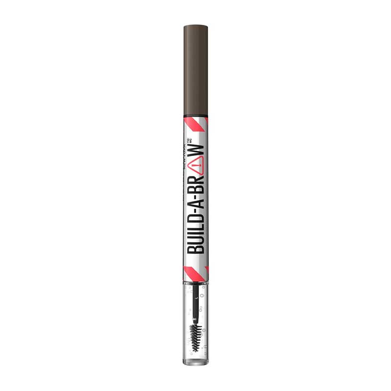 Maybelline Build-A-Brow 2-in-1 Brow Pen & Gel | Fuller brows in 2 easy steps | Ultra-precise pen for realistic hair-like strokes | Clear sealing gel for long-lasting hold | Waterproof and sweat-resistant | Up to 24-hour wear | Black Brown