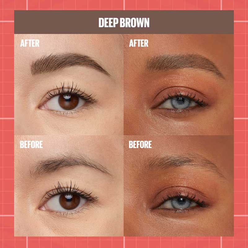 Maybelline Build-A-Brow 2-in-1 Brow Pen & Gel | Fuller brows in 2 easy steps | Ultra-precise pen for realistic hair-like strokes | Clear sealing gel for long-lasting hold | Waterproof and sweat-resistant | Up to 24-hour wear | Deep Brown Before & After 
