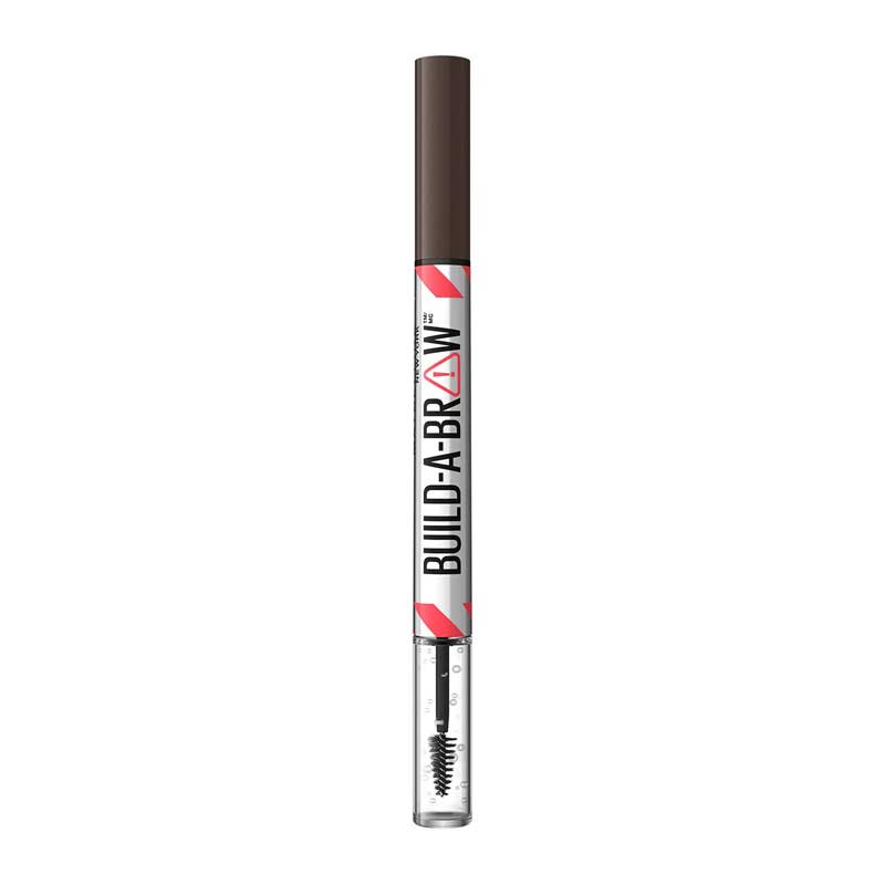 Maybelline Build-A-Brow 2-in-1 Brow Pen & Gel | Fuller brows in 2 easy steps | Ultra-precise pen for realistic hair-like strokes | Clear sealing gel for long-lasting hold | Waterproof and sweat-resistant | Up to 24-hour wear | Deep Brown