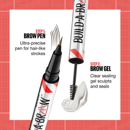 Maybelline Build-A-Brow 2-in-1 Brow Pen & Gel | Fuller brows in 2 easy steps | Ultra-precise pen for realistic hair-like strokes | Clear sealing gel for long-lasting hold | Waterproof and sweat-resistant | Up to 24-hour wear