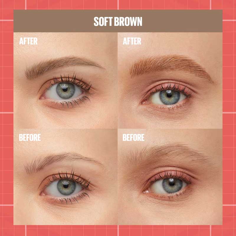 Maybelline Build-A-Brow 2-in-1 Brow Pen & Gel | Fuller brows in 2 easy steps | Ultra-precise pen for realistic hair-like strokes | Clear sealing gel for long-lasting hold | Waterproof and sweat-resistant | Up to 24-hour wear | Soft Brown Before & After 