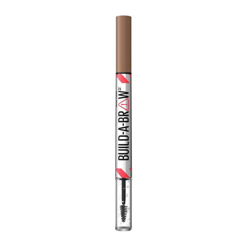 Maybelline Build-A-Brow 2-in-1 Brow Pen & Gel | Fuller brows in 2 easy steps | Ultra-precise pen for realistic hair-like strokes | Clear sealing gel for long-lasting hold | Waterproof and sweat-resistant | Up to 24-hour wear | Soft Brown 