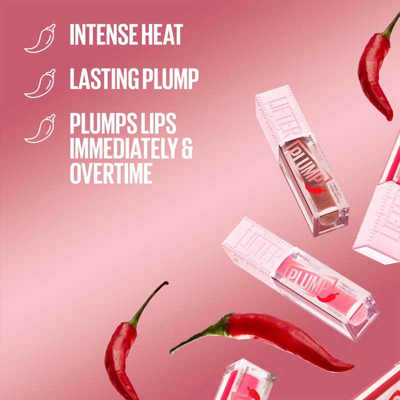Maybelline Lifter Plump Lip Gloss | Provides intense heat and visible plumping effects | Hydrating formula with a radiant tinted sheen | Creates a tingling sensation for a fuller-looking pout | Powered with chili pepper, Maxi-Lip technology, and hyaluronic acid | Moisturizes and conditions lips | Available in a range of shades