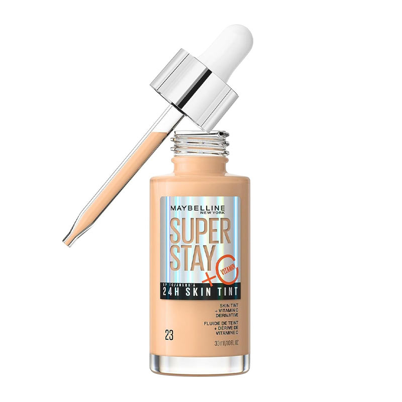 Maybelline Super Stay 24 Hour Skin Tint Foundation + Vitamin C | NEW | lightweight | tinted foundation | buildable coverage | light | medium | vegan formula | infused with Vitamin C | powerful antioxidant | brightening qualities | weightless tint | wide range | shades | skin | smooth | radiant | up to 24hours