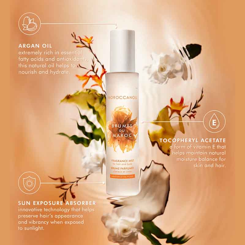 Morccanoil Brumes du Maroc Ambiance De Plage key ingredients image argan oilm tocopheryl acetate and sun exposure absorber