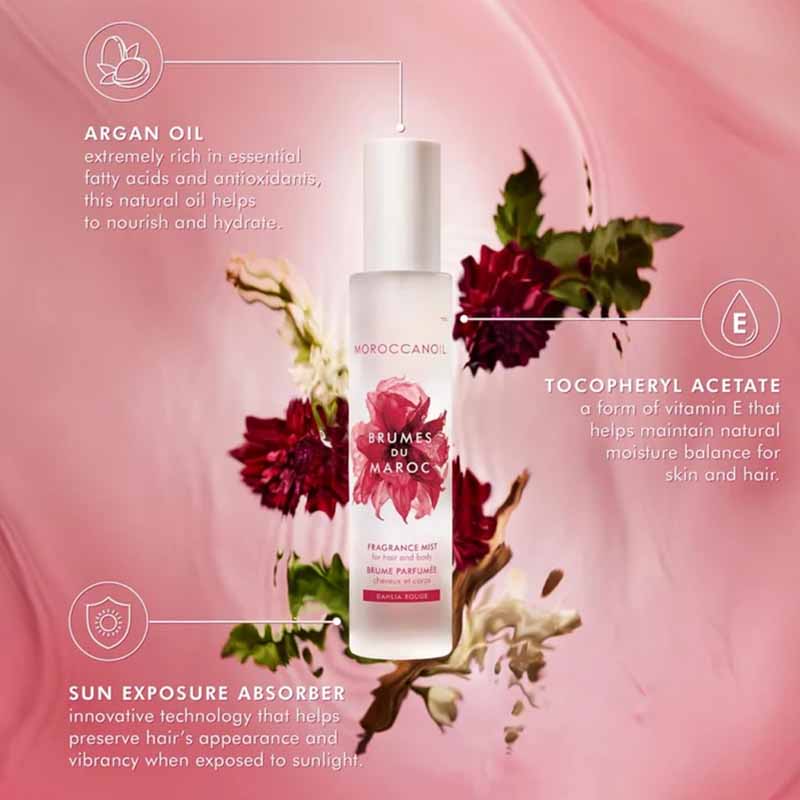Moroccanoil Brumes du Maroc Dahlia Rouge Key ingredients argan oil, tocopryl acetate and sun exposure absorber