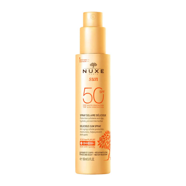 NUXE Sun Delicious Sun Spray SPF 50 | ultra-lightweight | moisturising | sun cream | helps guard | face and body | UVA and UVB rays | providing anti-aging cellular protection.