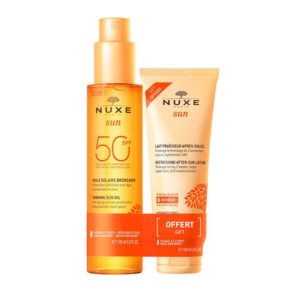 NUXE Tanning Sun Oil SPF50 Face & Body 150ml + Refreshing After-Sun Lotion 100ml | sun care set | high sun protection | pure pleasure | sun protection oil | SPF 50 | after-sun lotion | reliable protection | UVA & UVB rays 
