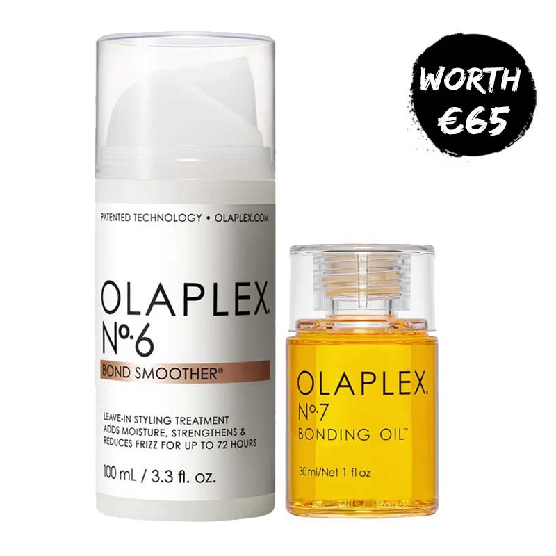 Olaplex Bonding Duo | Features No.6 Bond Smoother and No.7 Bonding Oil | No.6 protects for a perfect blow-dried look | No.7 reduces drying time, tames flyaways, and provides heat protection | Patented OLAPLEX Bond Building technology repairs damage | Ensure healthier, more manageable hair with this duo!