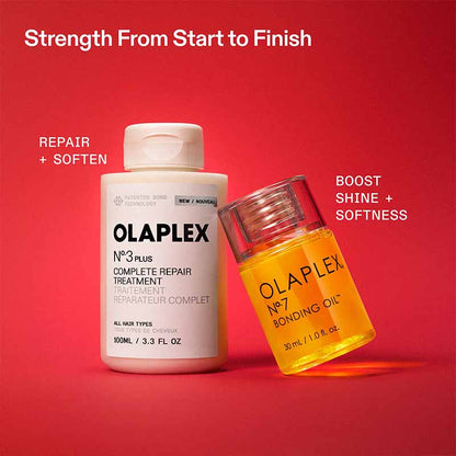Olaplex No. 3 Plus Complete Repair Treatment in a white bottle and Olaplex No.