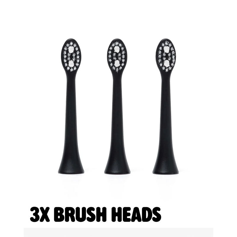 Three black replacement electric toothbrush brush heads arranged side by side on a white background, with the text '3X BRUSH HEADS' below.