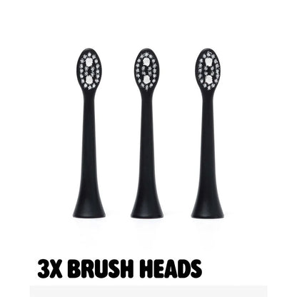 Three black replacement electric toothbrush brush heads arranged side by side on a white background, with the text '3X BRUSH HEADS' below.