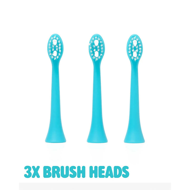 Three turquoise blue replacement toothbrush heads arranged side by side on a white background, with the text '3X BRUSH HEADS' below them.