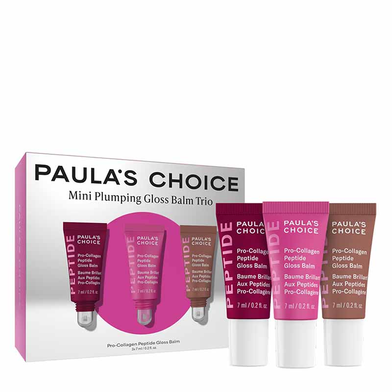 Paula's Choice Mini Plumping Gloss Balm Trio set, featuring a white and pink retail box alongside three individual gloss balm tubes in dark red, magenta, and brown, on a plain white background.