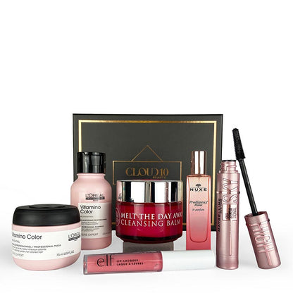 Cloud 10 Beauty #PinkFever Box | Specially Curated Must-Have Essentials | Includes Ella & Jo Cleansing Balm, L'Oreal Shampoo & Mask, Maybelline Mascara, E.l.f. Lip Gloss, and NUXE Floral Perfume | Enhance Your Beauty Routine | Limited Availability, Grab Yours Today!