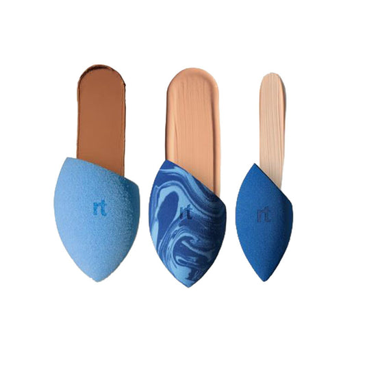 Real Techniques Miracle Sponge Trio Gift Set Sponges with Bronzer, Foundation and Concealer Swatches above each