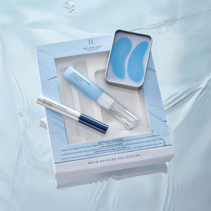 Revitalash Brow Refresh Collection Image on blue water background luxury packaging and a strong light blue shade across