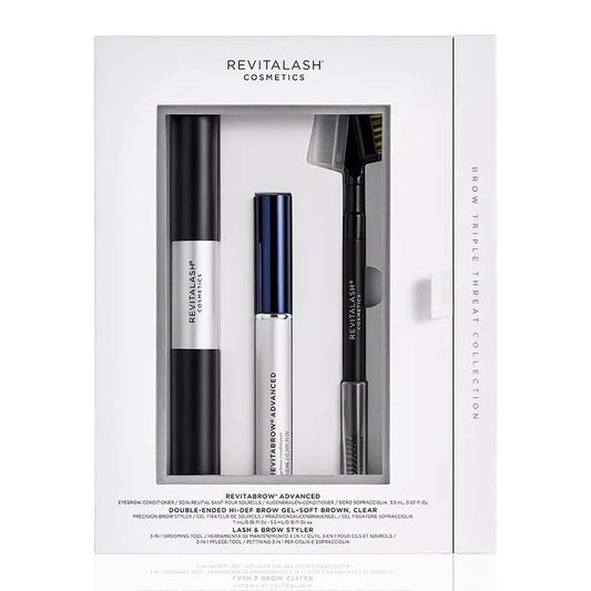 Revitalash cosmetic set with eyelash and eyebrow products in a box on a white background