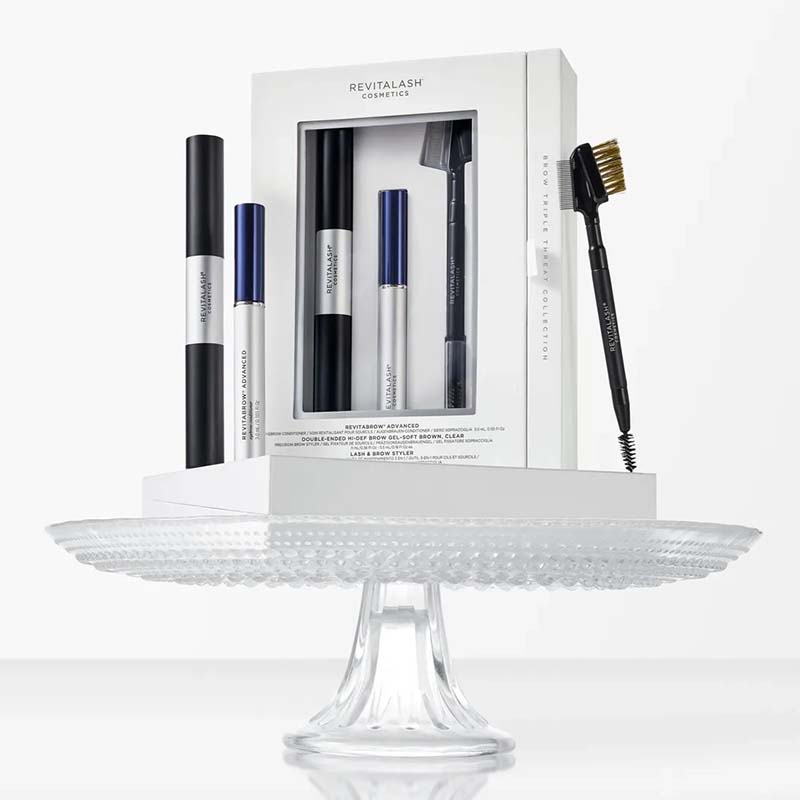 Revitalash Triple Threat Collection – RevitaBrow Advanced On a cake stand