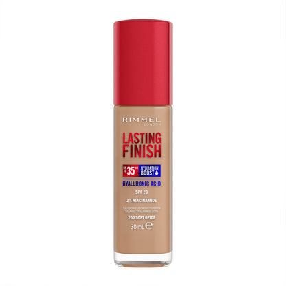 Rimmel London Lasting Finish 35 Hour Foundation | makeup | melts | skin | blending seamlessly | conceal dark circles | imperfections| full coverage | liquid foundation | sets beautifully | won’t budge |flawless | easy | blendable | blend | complexion | skin | hyaluronic acid | niacinamide | vitamin E | radiant | range | skin tone | light | tan | dark | warm | neutral | cool | tones | day | night | all day | cruelty free | vegan 