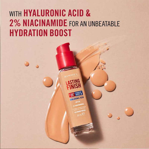 Rimmel London Lasting Finish 35 Hour Foundation | skin | conceal | imperfections | full coverage | liquid foundation | hyaluronic acid | niacinamide | vitamin E   | flawless | complexion | skin | radiant