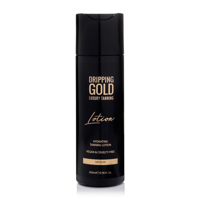 Dripping Gold Luxury Tanning Lotion | medium lotion | silky | smooth | hydrating | lotion | skin | perfectly bronzed | vegan | nourishing ingredients | keep your skin looking healthy | deep, glowing tan | shine | luxurious lotion!