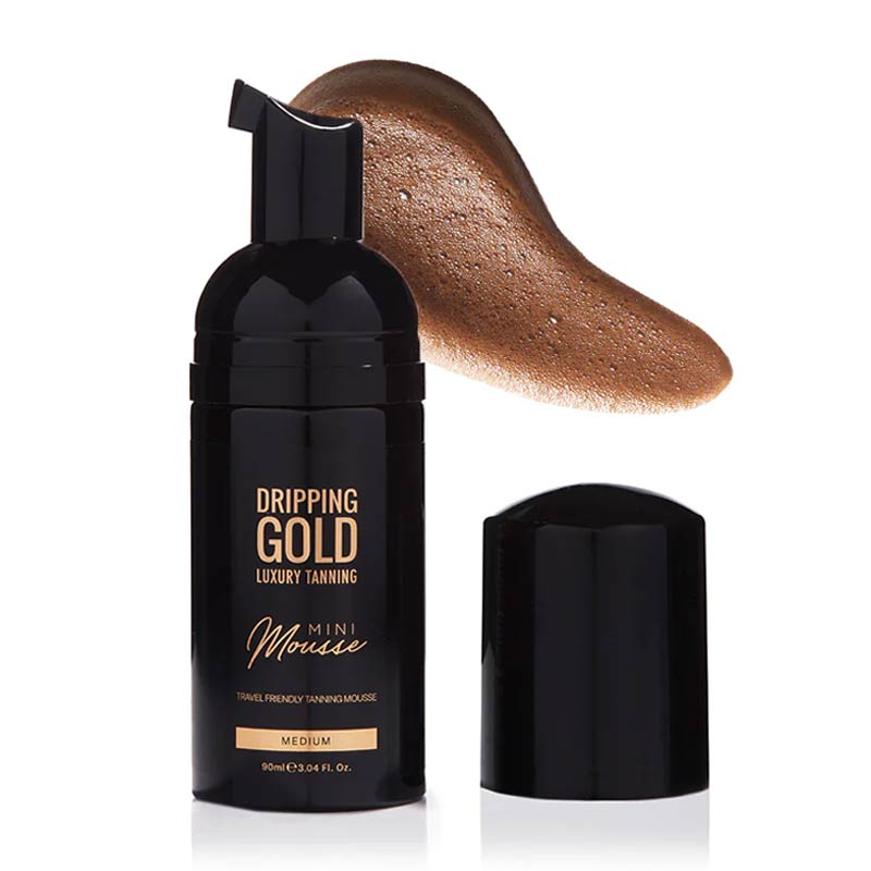 Dripping Gold Mini Mousse | Medium | glides | silky smooth | beautiful bronze | hydrating | skin-loving | Vitamins A and E | Hyaluronic Acid | Goji Berry | Chamomile | travel friendly | on the go
