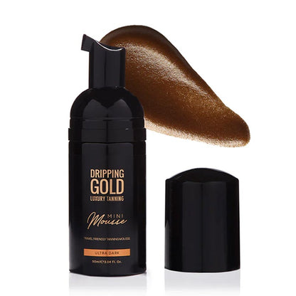 Dripping Gold Mini Mousse | Ultra Dark | glide | silky | smooth | beautiful deep bronze | hydrate | skin-loving | Vitamins A +E | Hyaluronic Acid | Goji Berry | Chamomile | travel friendly | on the go | 90ml | perfect