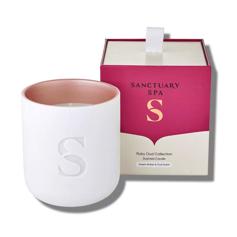 Sanctuary Ruby Oud Collection Scented Candle | fragrant woods | amber | opulent | candles | burns | 45 hours | natural | shea wax | cruelty-free | vegan