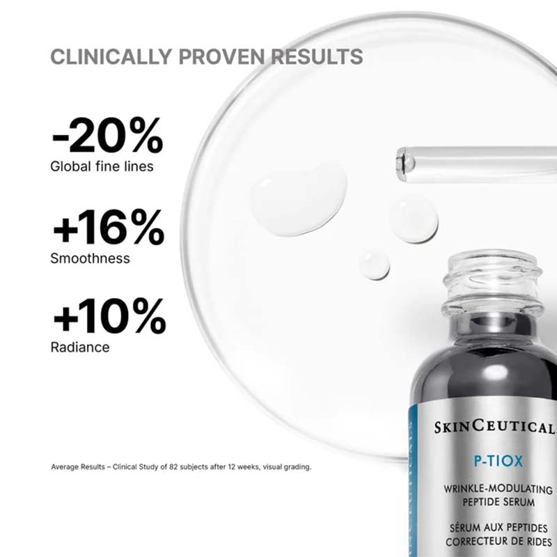 SkinCeuticals P-TIOX serum bottle with clinical skincare benefits displayed on a white background