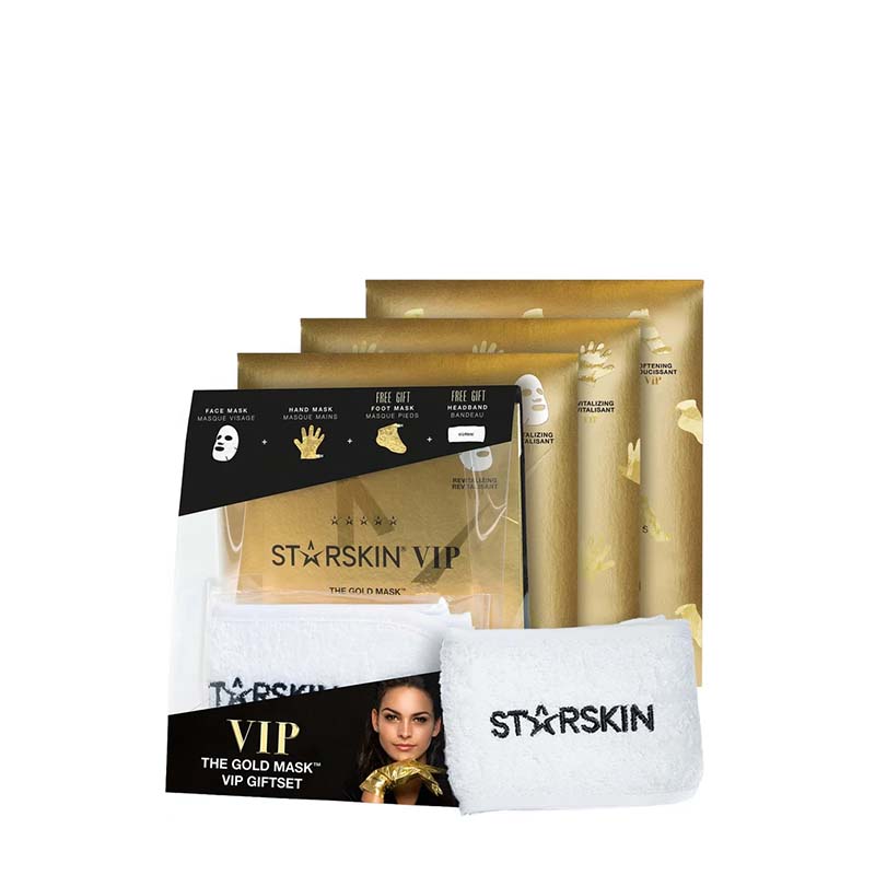 STARSKIN VIP facial mask gift set featuring four gold foil packet packs, a black-and-gold VIP card, a white towel, and a white face mask, arranged on a plain white background.