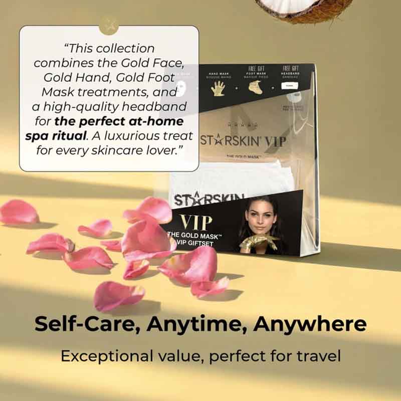 STARSKIN VIP self-care gift set featuring a Gold Face mask, Gold Hand, and Gold Foot Mask packets, styled with pink petals on a beige surface under warm sunlight.