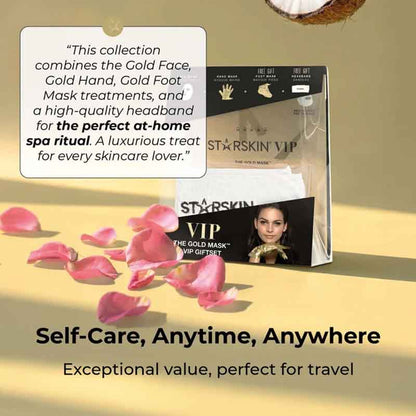 STARSKIN VIP self-care gift set featuring a Gold Face mask, Gold Hand, and Gold Foot Mask packets, styled with pink petals on a beige surface under warm sunlight.