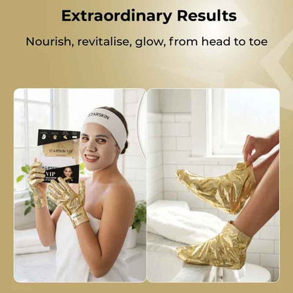Promotional collage showing a woman in a bathroom wearing shiny gold gloves and holding a STARSKIN VIP package, alongside a close-up of metallic gold socks being worn. Text at the top reads 'Extraordinary Results' and 'Nourish, revitalise, glow, from head to toe.