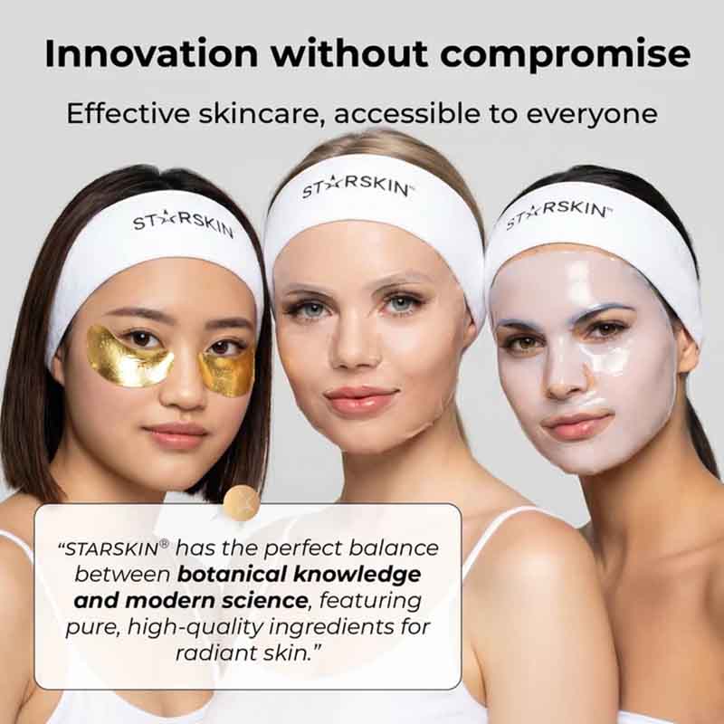 Three women wearing white STARSKIN headbands are shown in a skincare campaign with one applying and wearing a gold patch under her eye, another with a white sheet mask, and another with a white face mask. The image features promotional text at the top and a quote box at the bottom.