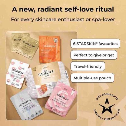 A promotional collage for STARSKIN multiple-use skincare pouches on a warm beige background. The image shows several pouches in different colors including gold, orange, white, pink, and light blue, along with marketing text such as 'A new, radiant self-love ritual' and '6 STARSKIN favourites'.